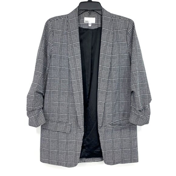 DR2 Blazer Glen Plaid Open Front Ruched Sleeve Lined Jacket - Picture 1 of 8